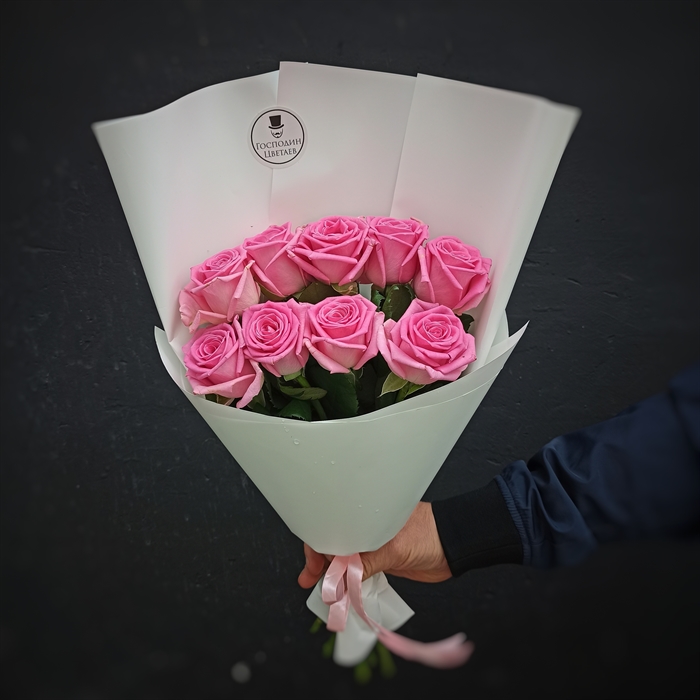 Монобукет из 9 розовых роз 50 см - фото 6890